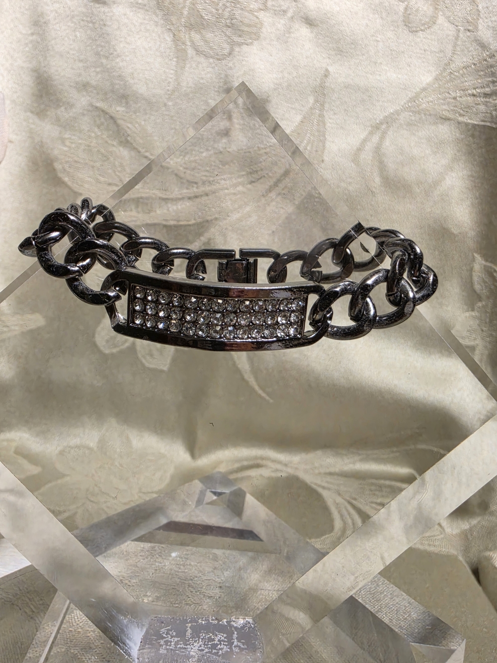 #1244 Crystal ID Plate Link Bracelet - GunMetal Tone. NWOT